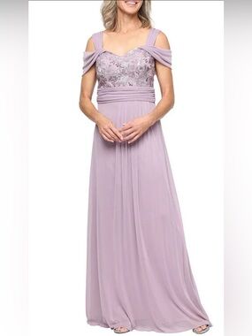 Alex Evenings Embroidered Bodice Gathered Waist Cold Shoulder Long Gown $199